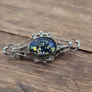 Silver Tone Brooch with Blue and Yellow Accents Starry Night B442